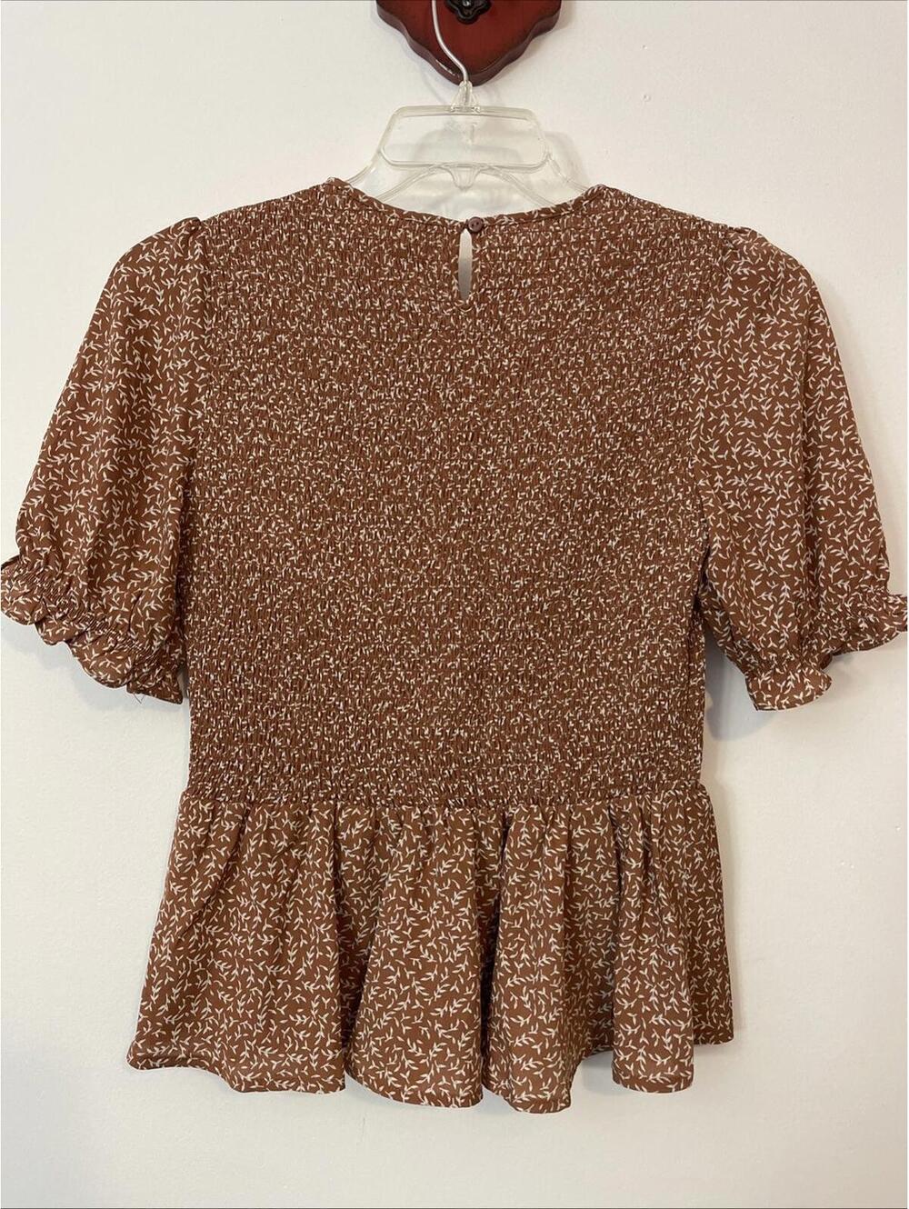 Magnolia Womens Medium Brown Floral Pleated Elastic-Waist Ruffled Blouse! A6846 - Picture 9 of 9